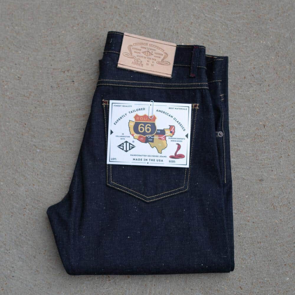 Adder Nep Selvedge Relaxed Tapered by Crimson Serpents Denim Goods. Folded With Pocket Flasher View.